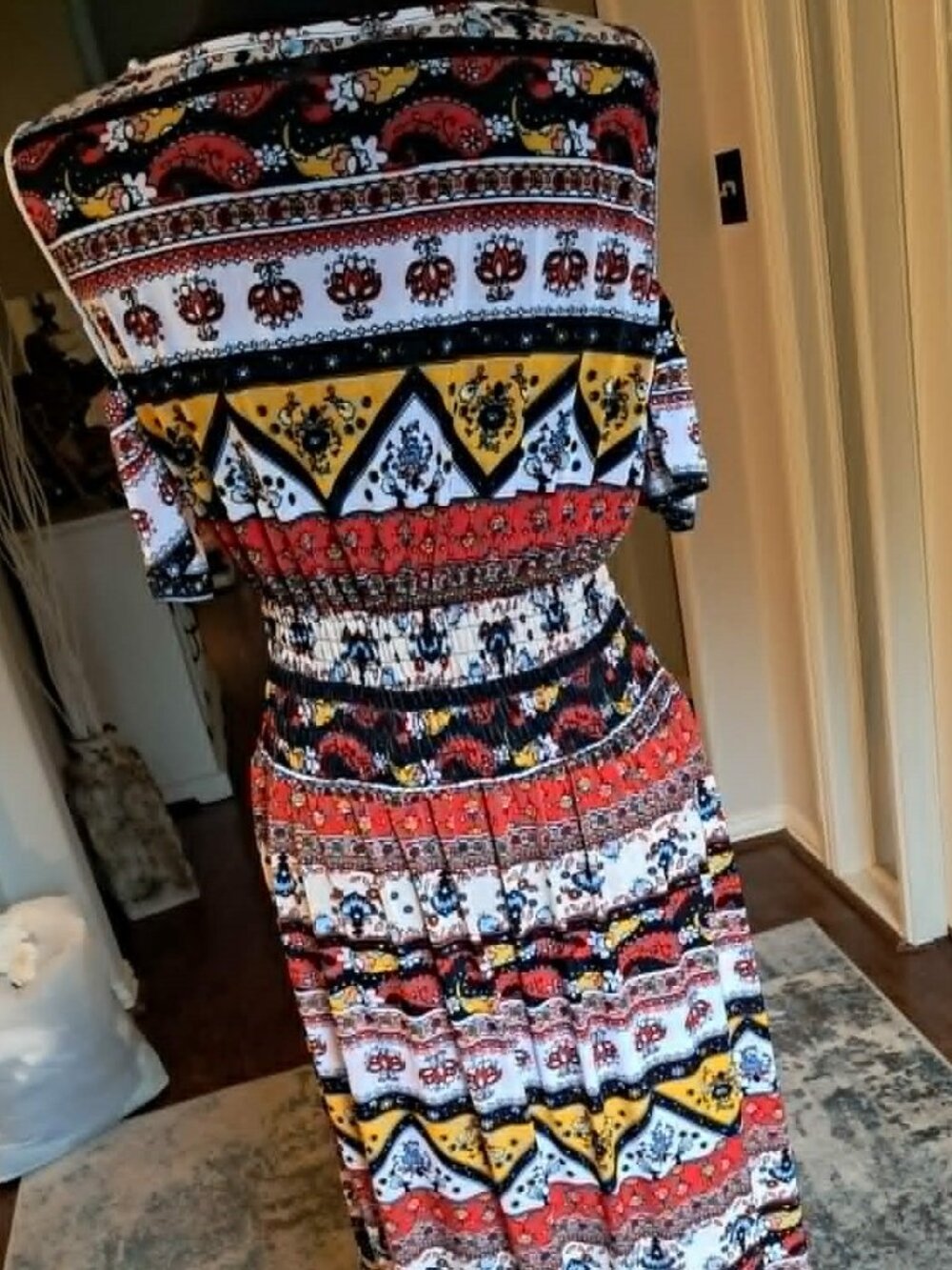 Boho Geometric Print Dress Smocked Waist Ruffle Neckline - Picture 3 of 6
